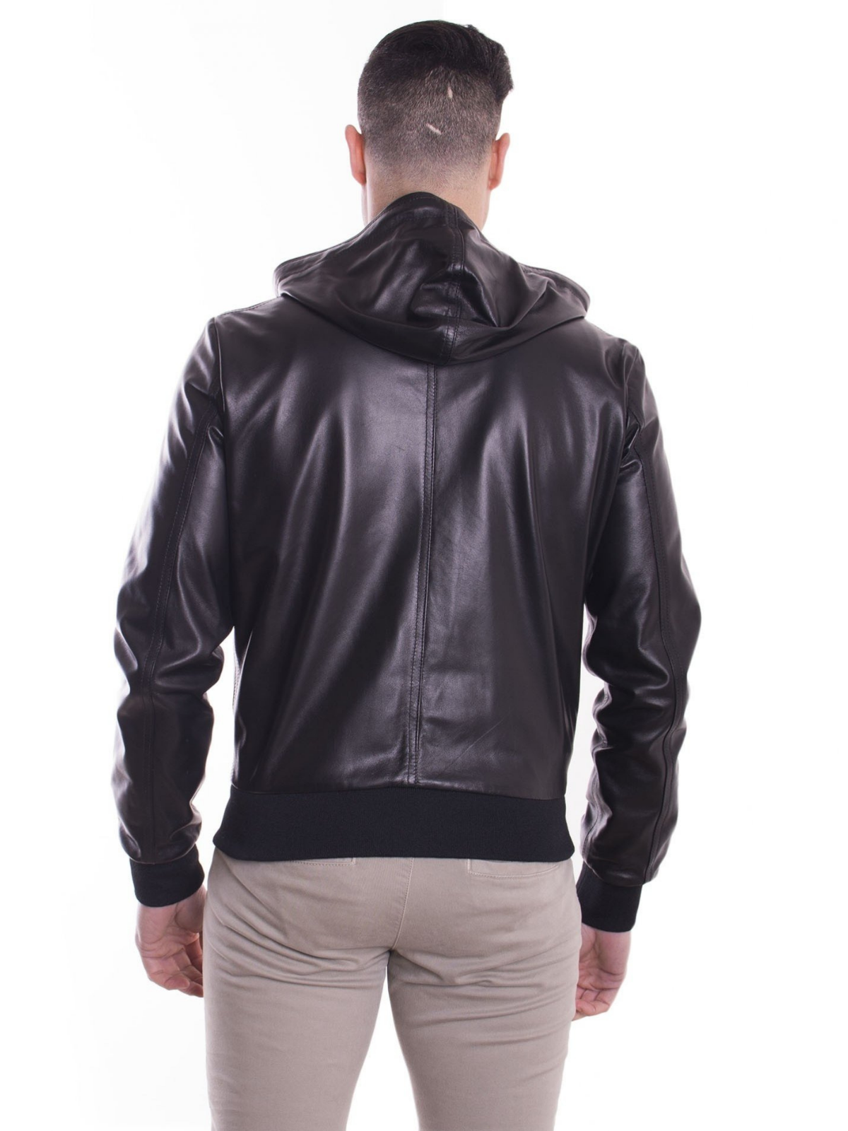 Lambskin Black Leather Mens hooded collar biker Jacket - LJ
