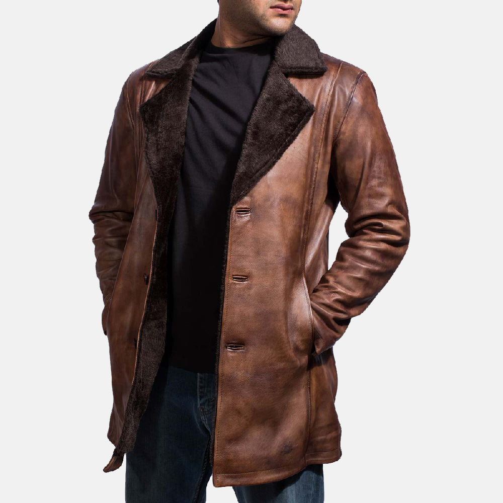 Mens Brown Distressed Leather Fur Coat
