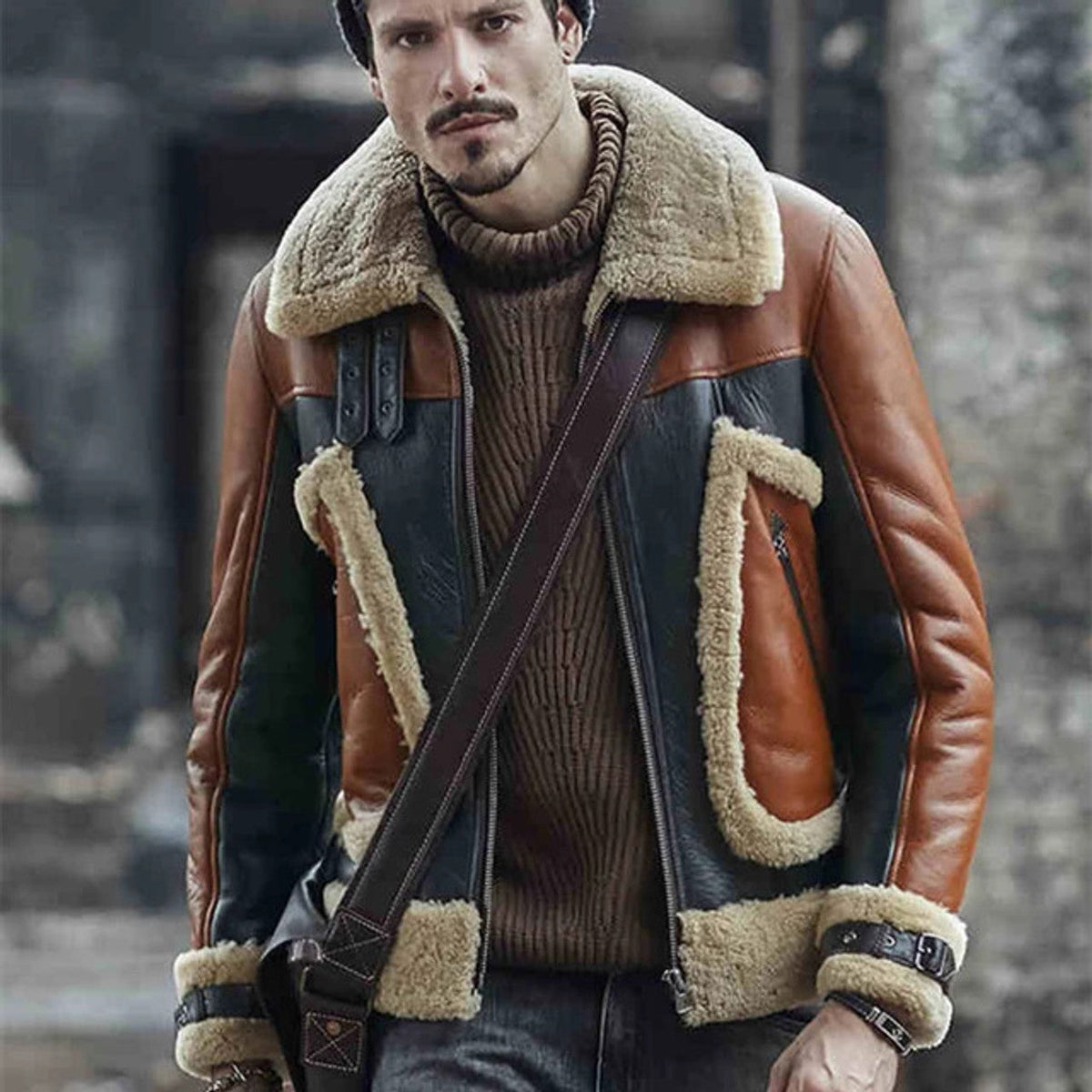 Stylish Mens Dark Brown Fur Collar Shearling Jacket