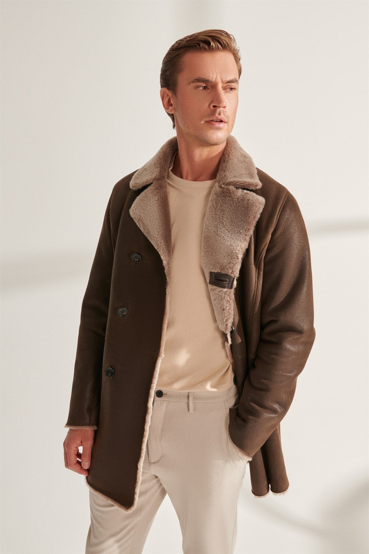 Mens Modern Brown Shearling Leather Coat