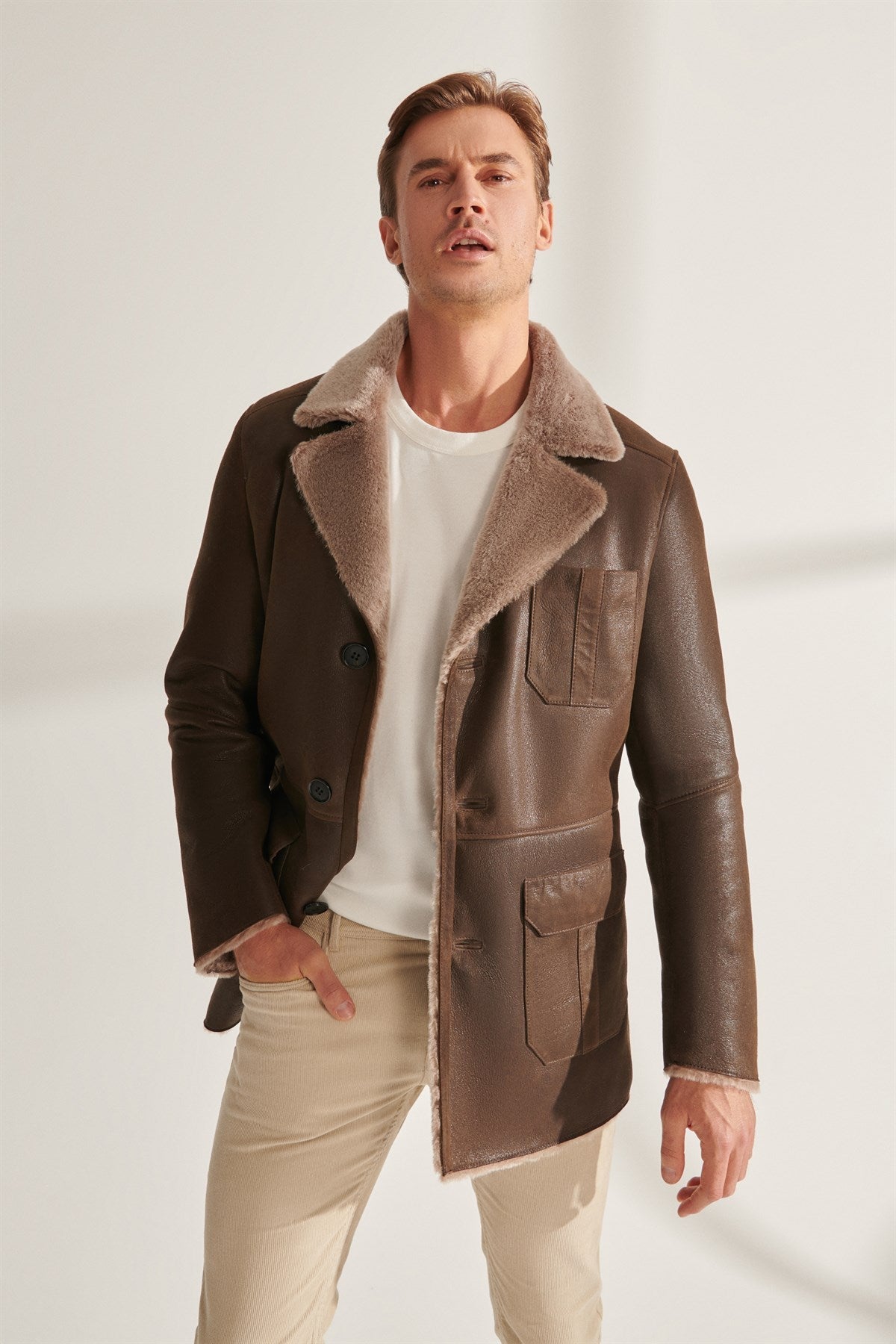 Mens Luxurious Brown Shearling Leather Coat