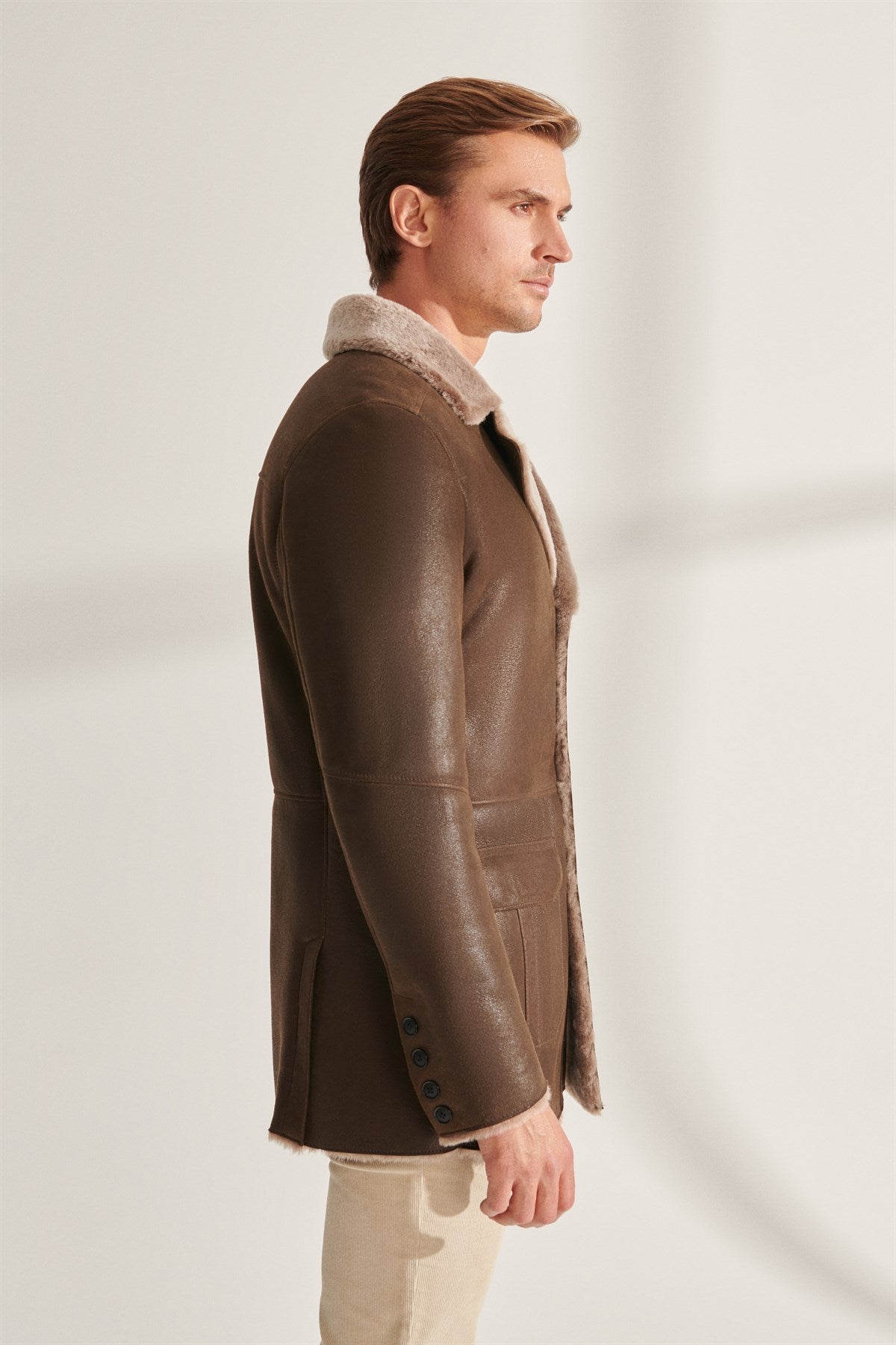 Mens Luxurious Brown Shearling Leather Coat