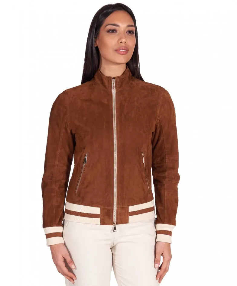 Womens Brown Bomber Suede Leather Jacket