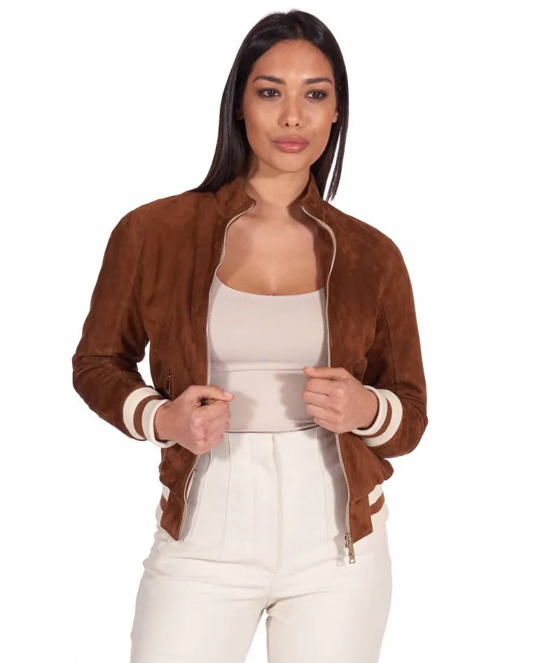 Womens Brown Bomber Suede Leather Jacket